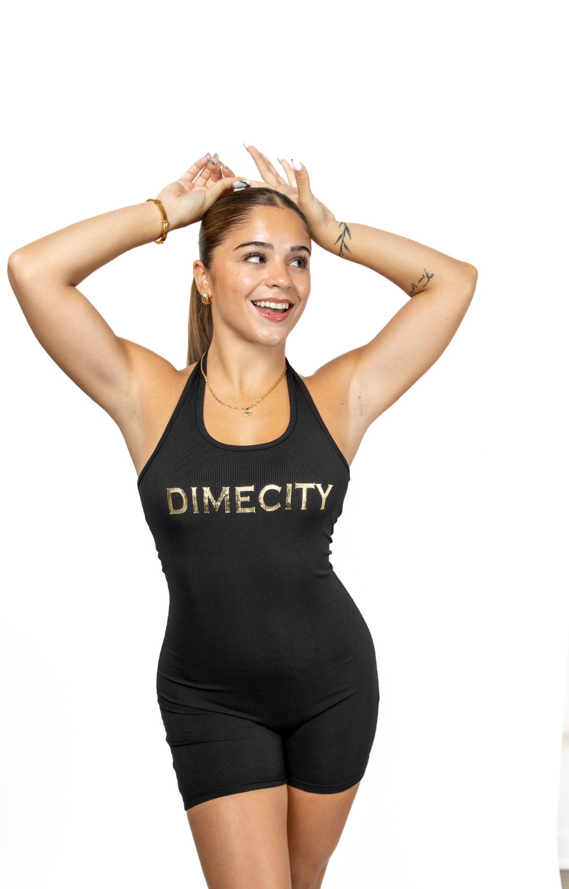 Dime City Women's Romper with Gold Writing