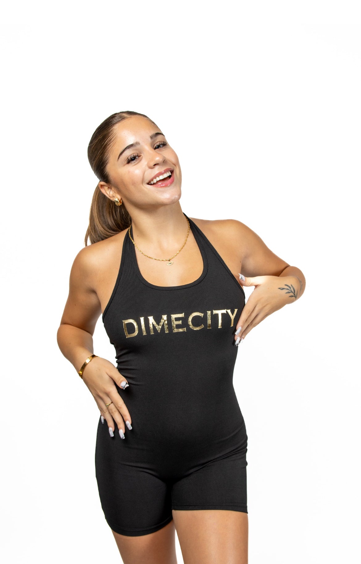 Dime City Romper With Gold Writing